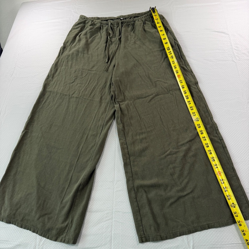 Women Linen Blend Wide Leg Pants Olive Green Drawstring Elastic Waist Casual XL - Picture 2 of 11